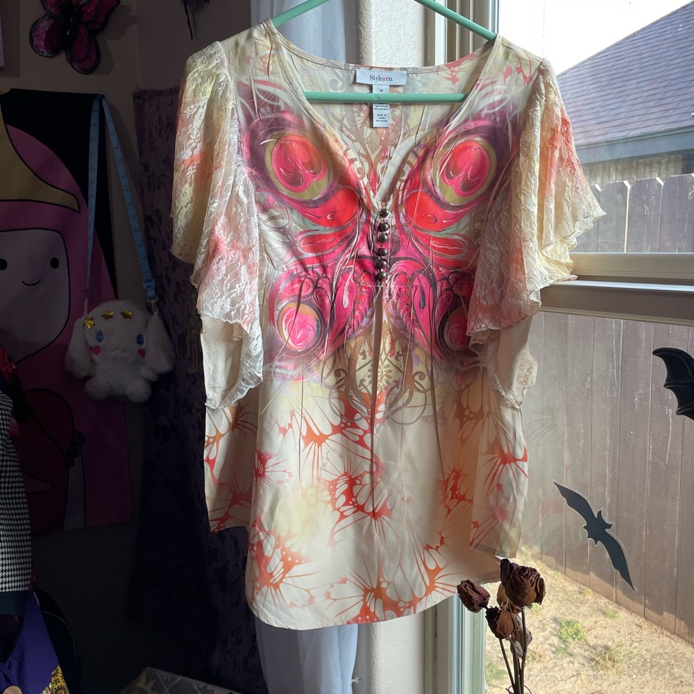 Womens Style & Co beautiful boho butterfly print lace sleeve top - Picture 14 of 15